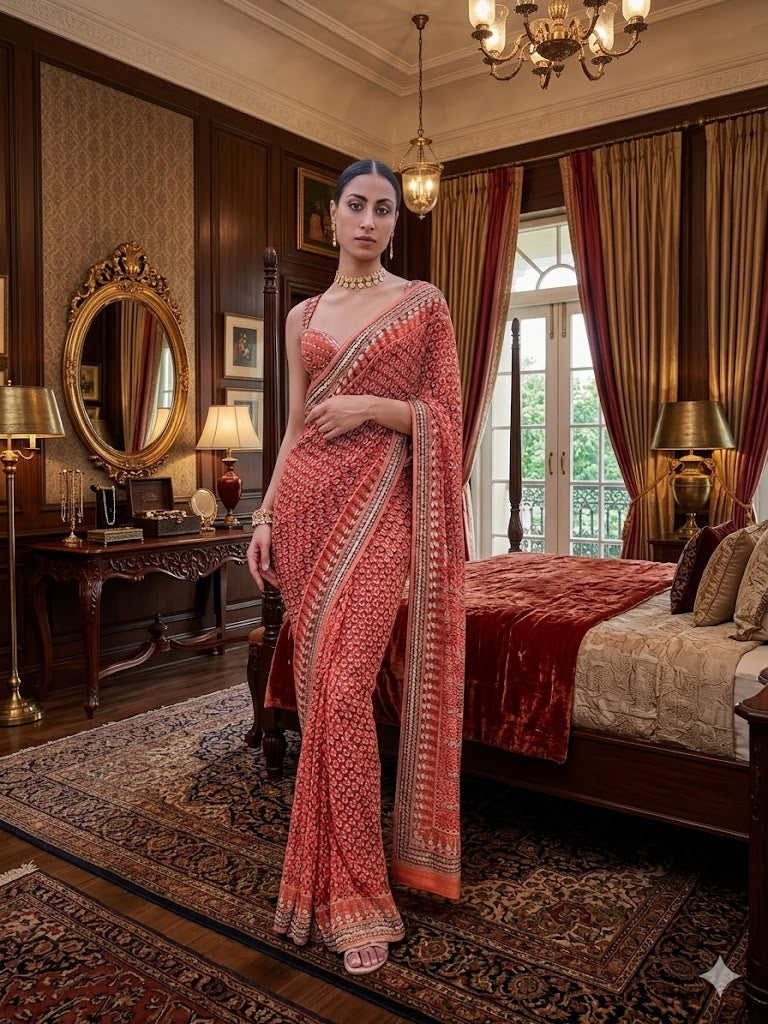 Soft Fox Georgette with Digital Print and real mirror work HAND WORK