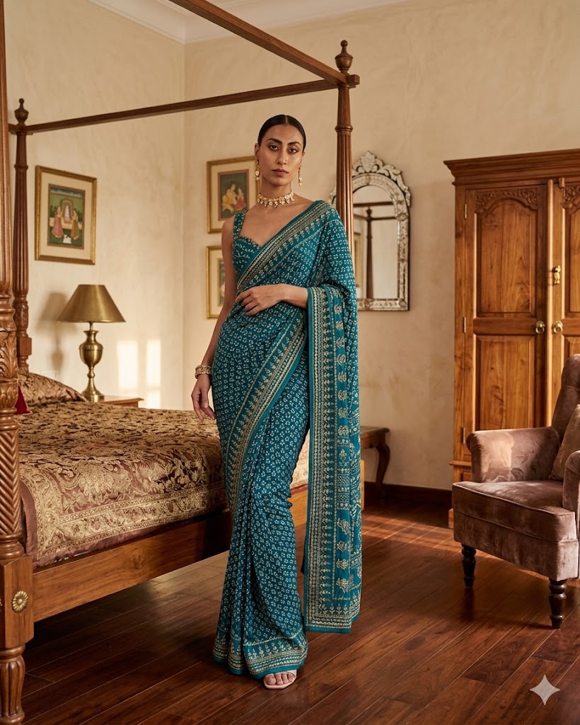 Soft Fox Georgette with Digital Print and real mirror work HAND WORK