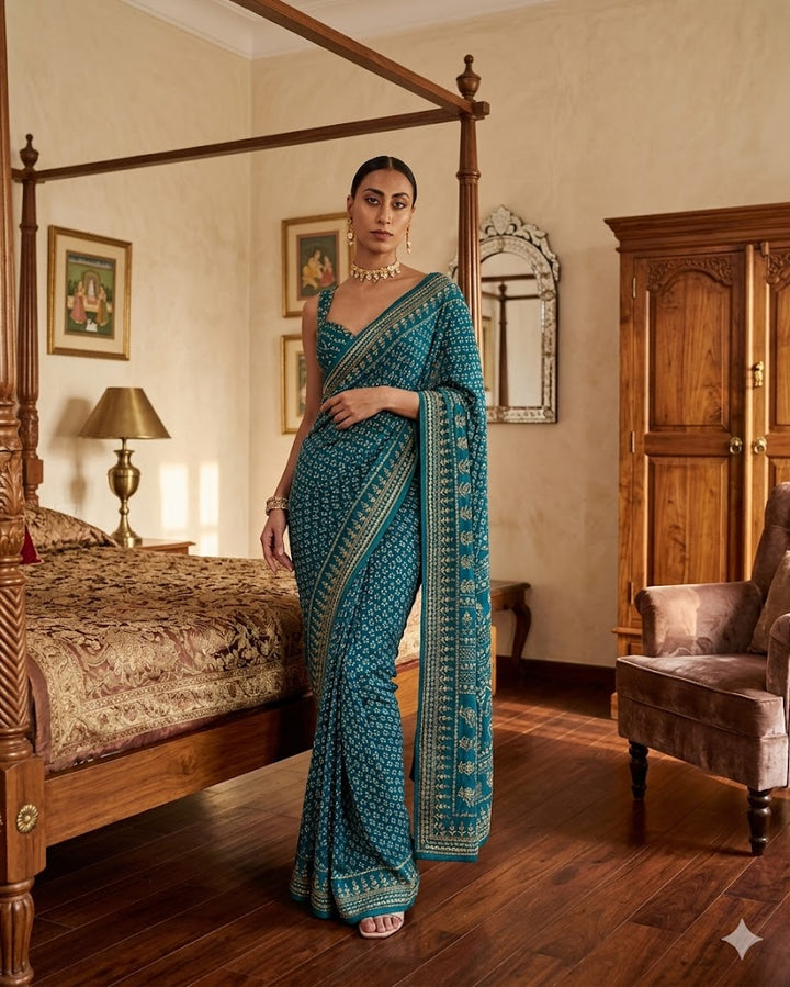 Soft Fox Georgette with Digital Print and real mirror work HAND WORK