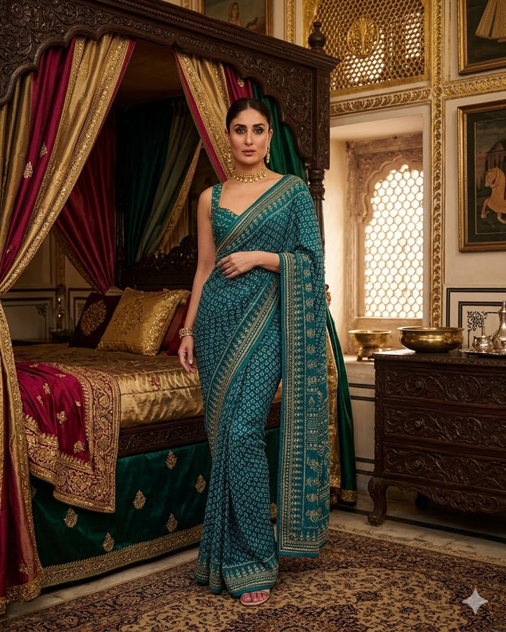 Soft Fox Georgette with Digital Print and real mirror work HAND WORK