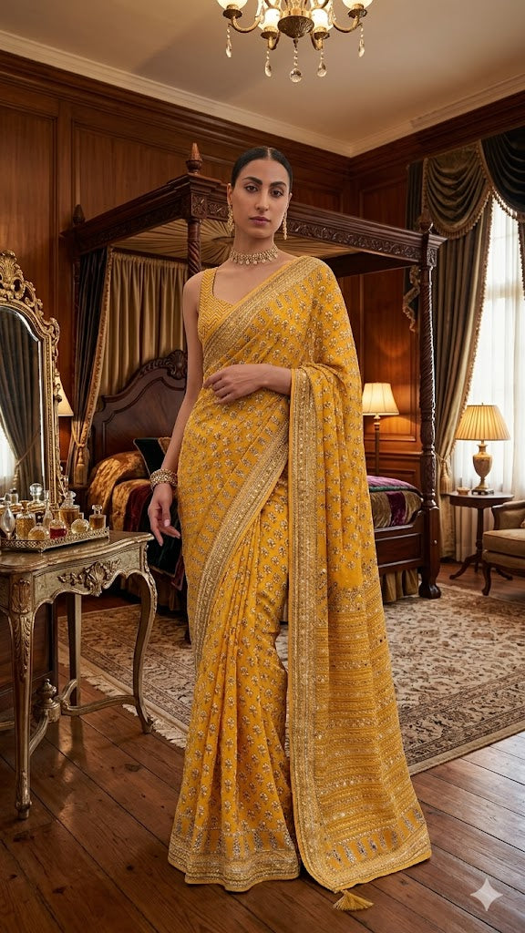 Soft Fox Georgette with Digital Print and real mirror work HAND WORK