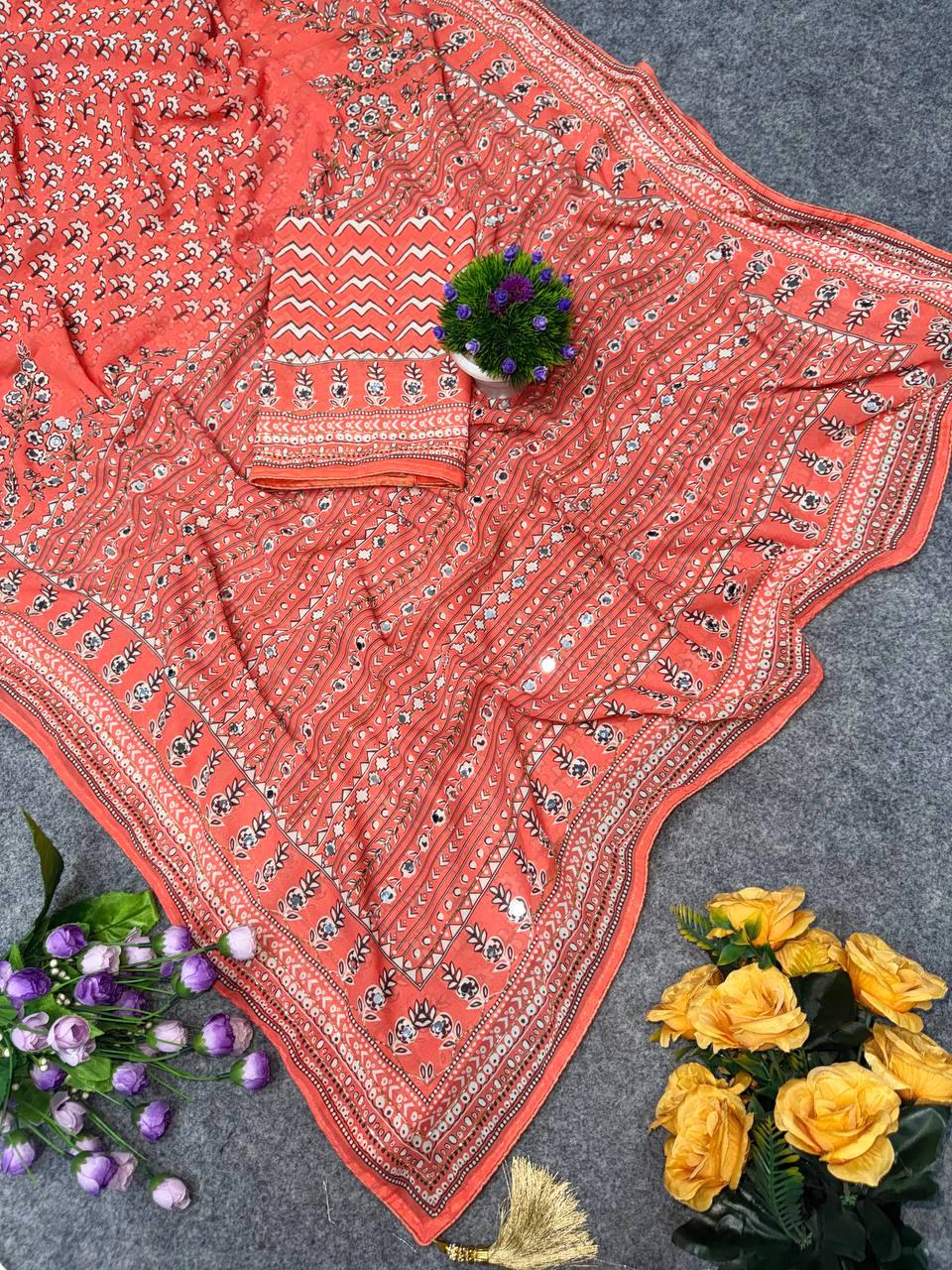 Soft Fox Georgette with Digital Print and real mirror work HAND WORK