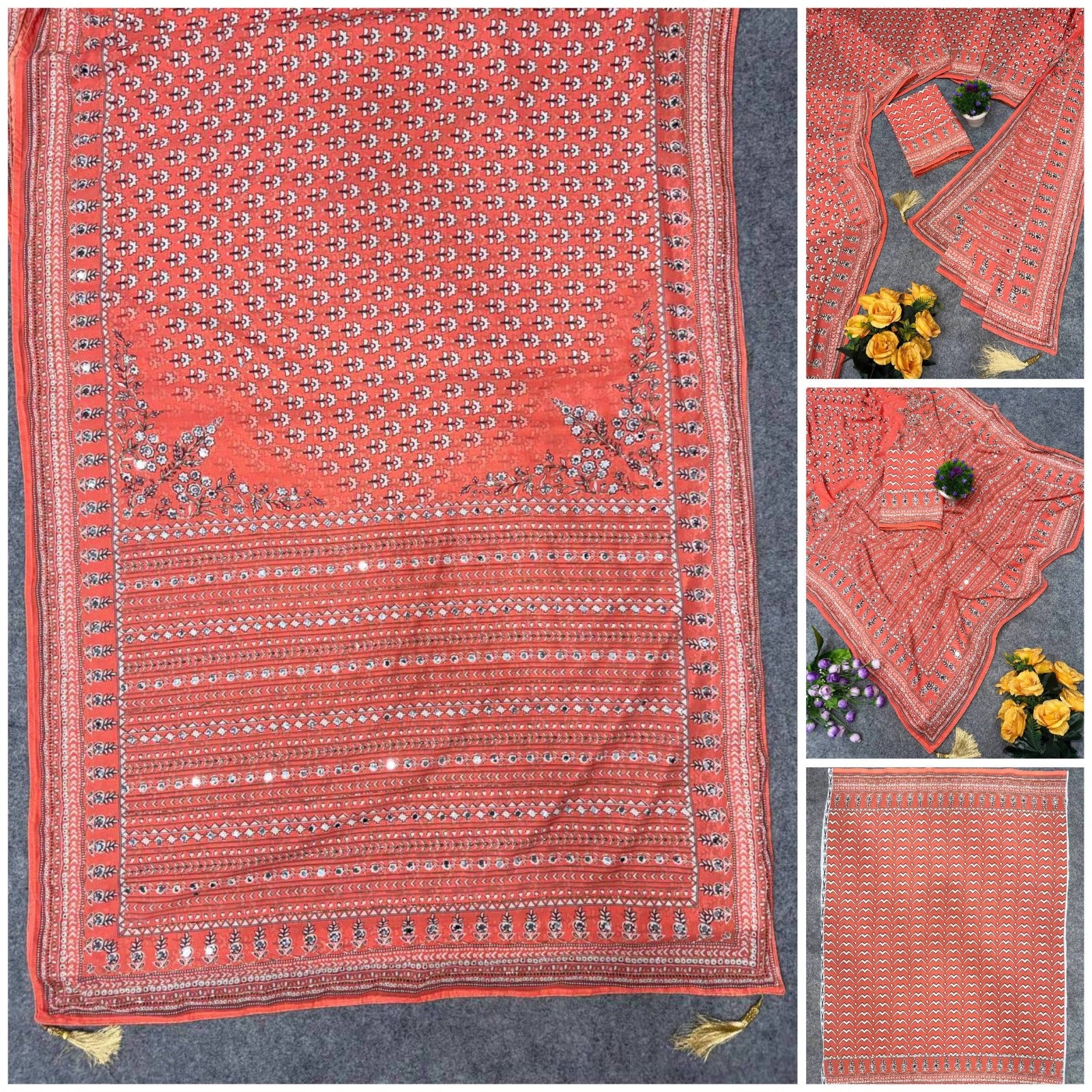 Soft Fox Georgette with Digital Print and real mirror work HAND WORK