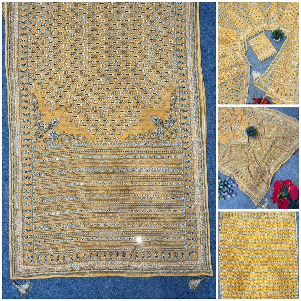 Soft Fox Georgette with Digital Print and real mirror work HAND WORK