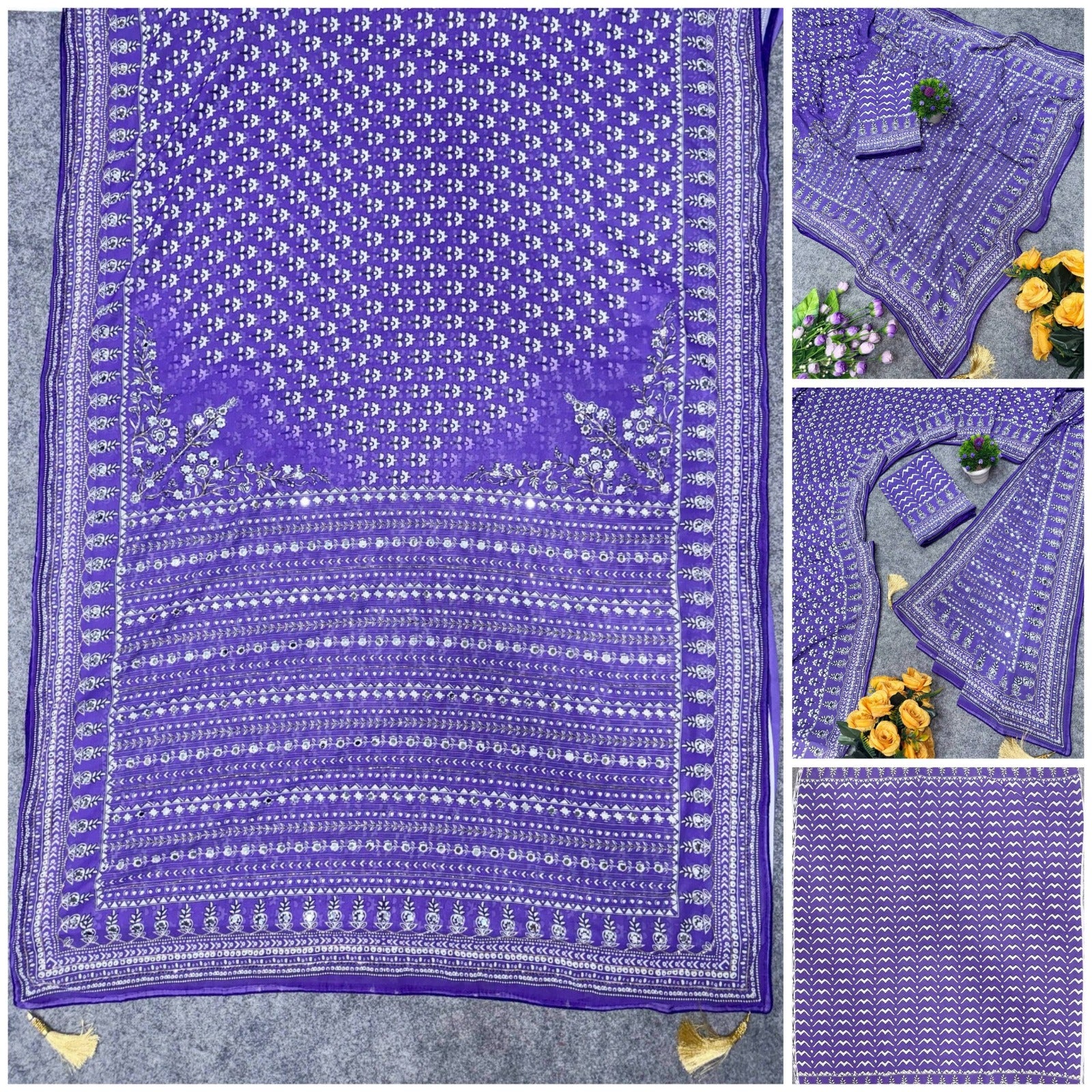 Soft Fox Georgette with Digital Print and real mirror work HAND WORK