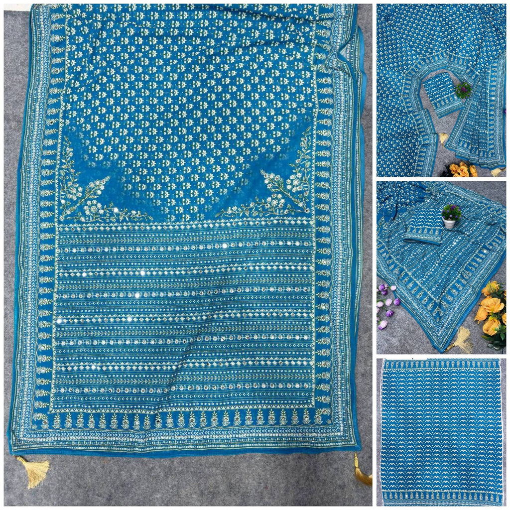 Soft Fox Georgette with Digital Print and real mirror work HAND WORK