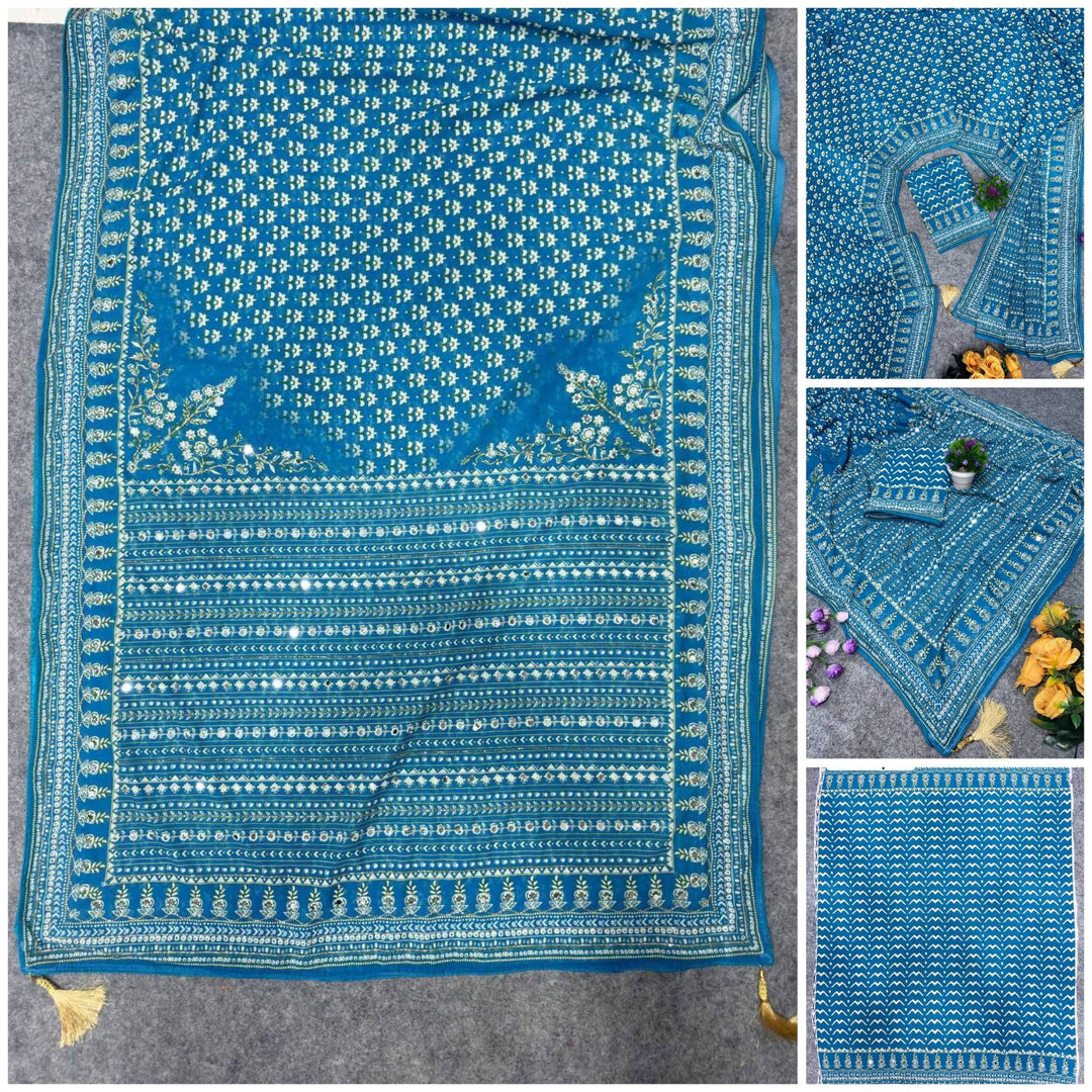 Soft Fox Georgette with Digital Print and real mirror work HAND WORK