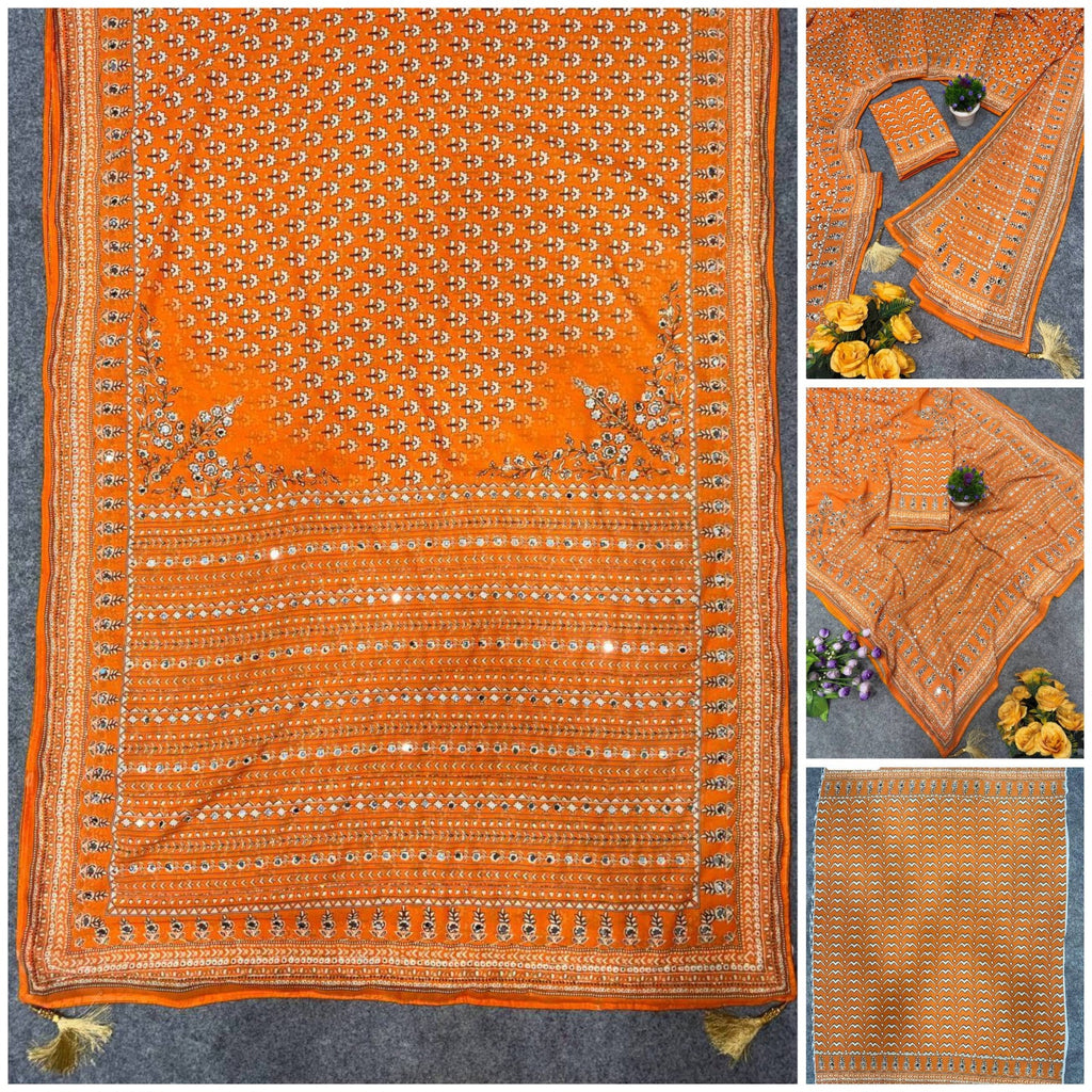 Soft Fox Georgette with Digital Print and real mirror work HAND WORK