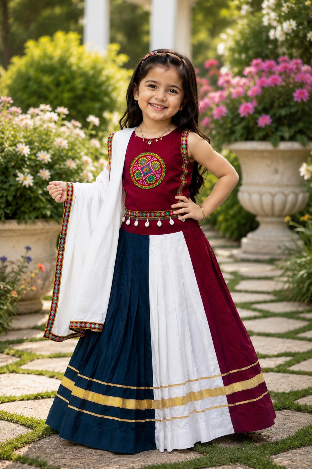 Lehenga, Choli ans Dupatta with Embroidery Lace for Girls