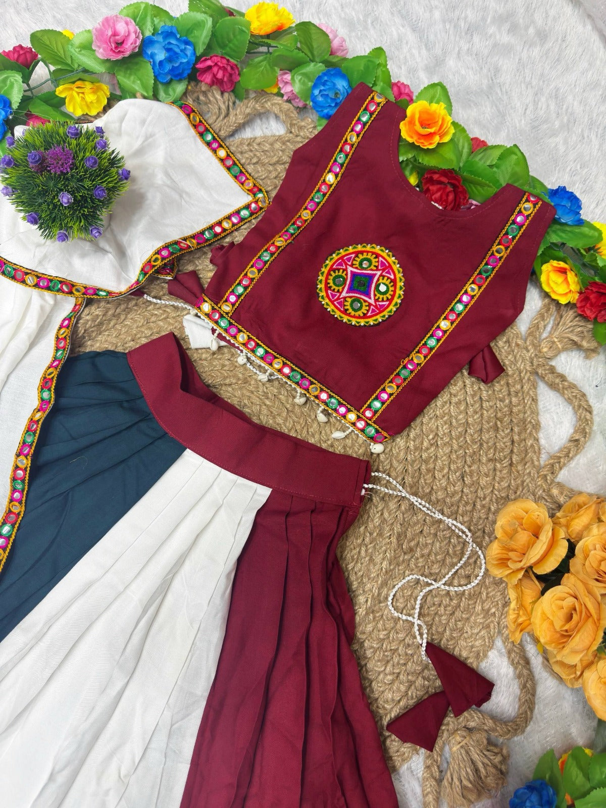 Lehenga, Choli ans Dupatta with Embroidery Lace for Girls