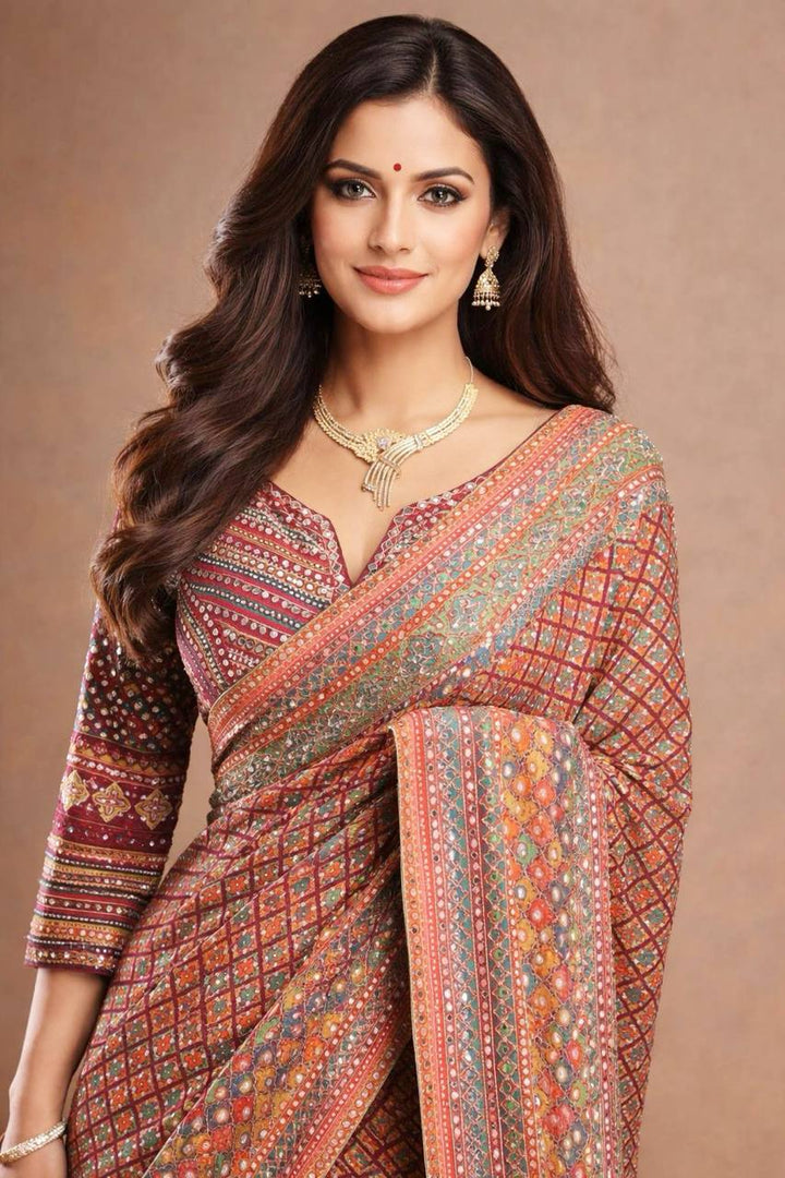 Soft Chinon Silk digital printed Saree and satin silk blouse