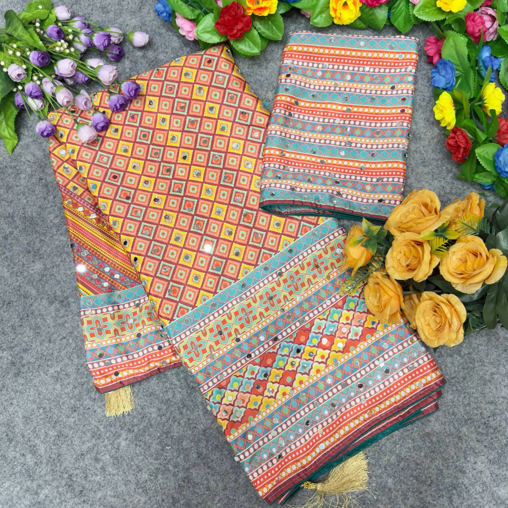 Soft Chinon Silk digital printed Saree and satin silk blouse