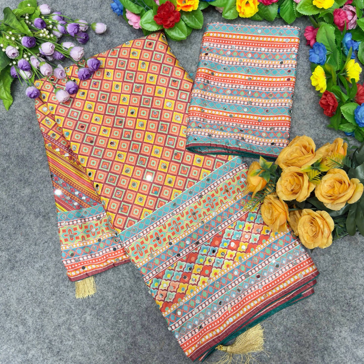 Soft Chinon Silk digital printed Saree and satin silk blouse