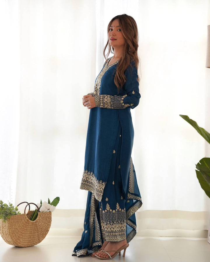 PURE CHINON SILK FABRIC STRAIGHT FIT KURTA, TROUSER WITH DUPPTA