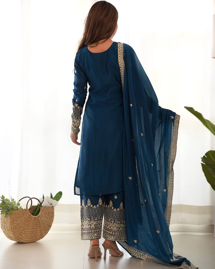 PURE CHINON SILK FABRIC STRAIGHT FIT KURTA, TROUSER WITH DUPPTA