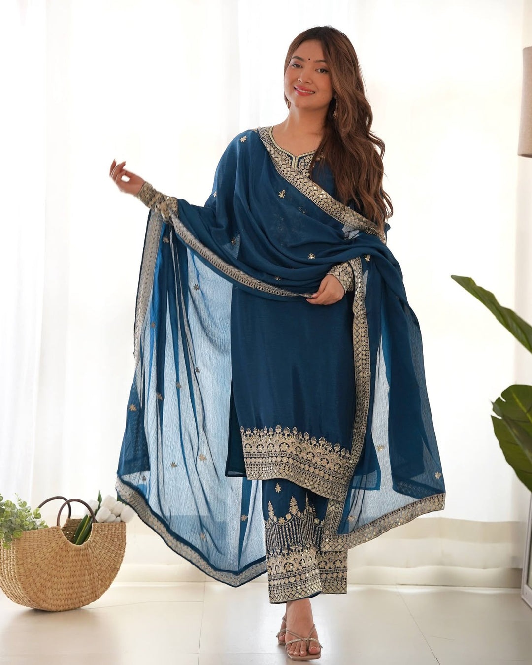 PURE CHINON SILK FABRIC STRAIGHT FIT KURTA, TROUSER WITH DUPPTA