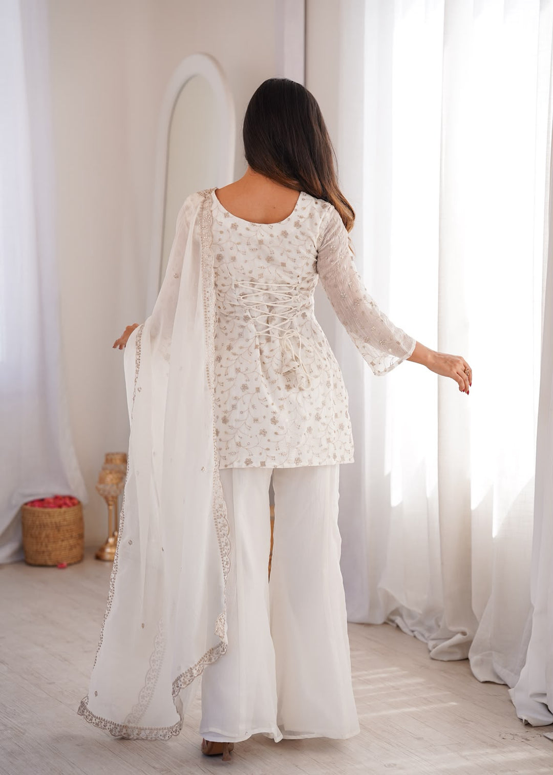 CRUNCHY SILK FABRIC WITH EMBROIDERY SEQUENCE AND JARI WORK TOP WITH DUPPTA