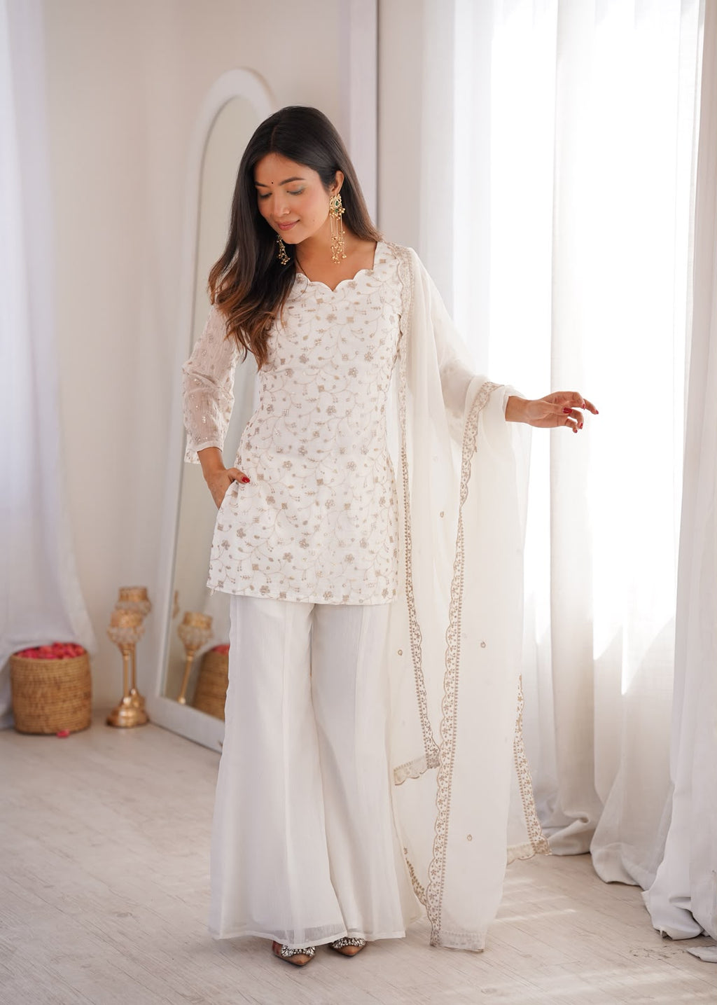 Crunchy Silk Fabric with Embroidery Sequence 3 Piece Suit (1051)