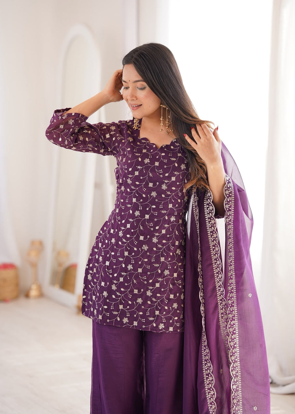 Crunchy Silk Fabric with Embroidery Sequence 3 Piece Suit (1051)