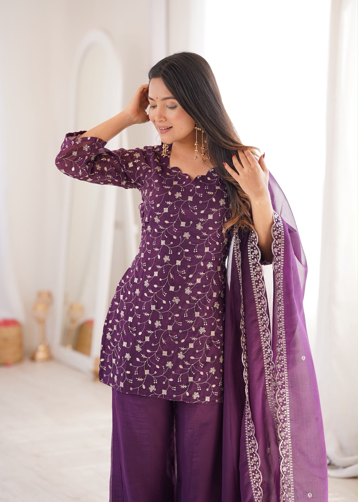 Crunchy Silk Fabric with Embroidery Sequence 3 Piece Suit (1051)