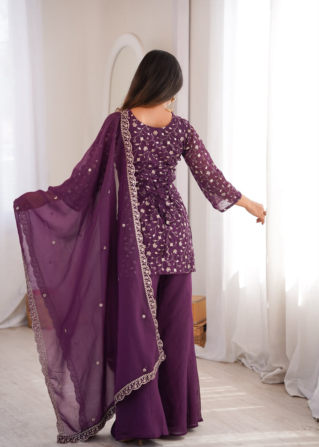 Crunchy Silk Fabric with Embroidery Sequence 3 Piece Suit (1051)