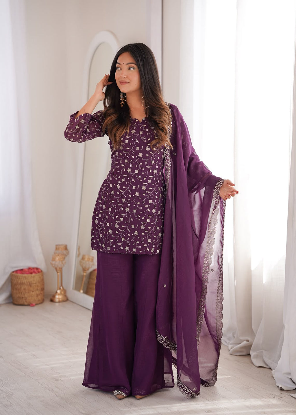 Crunchy Silk Fabric with Embroidery Sequence 3 Piece Suit (1051)