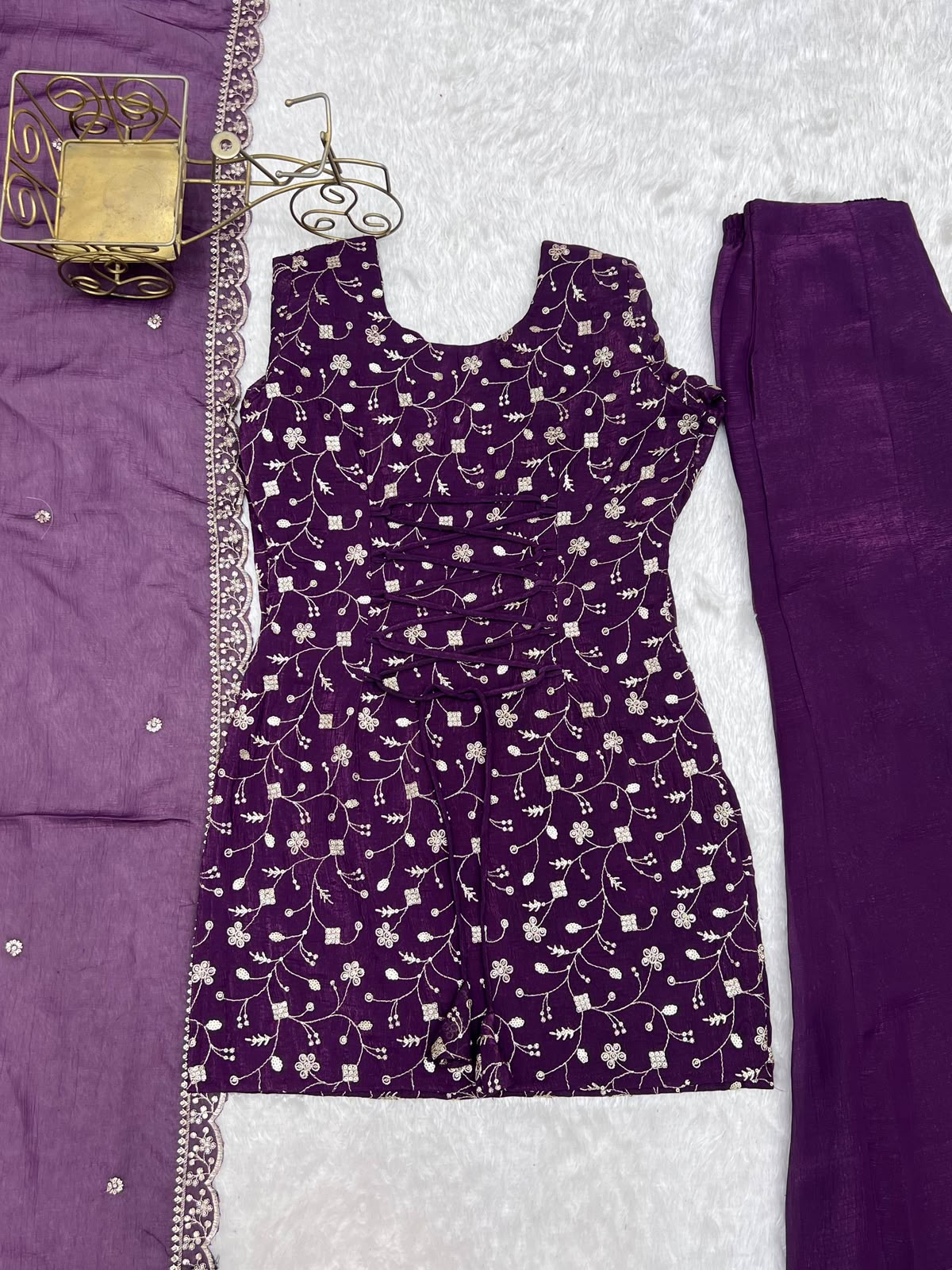 Crunchy Silk Fabric with Embroidery Sequence 3 Piece Suit (1051)
