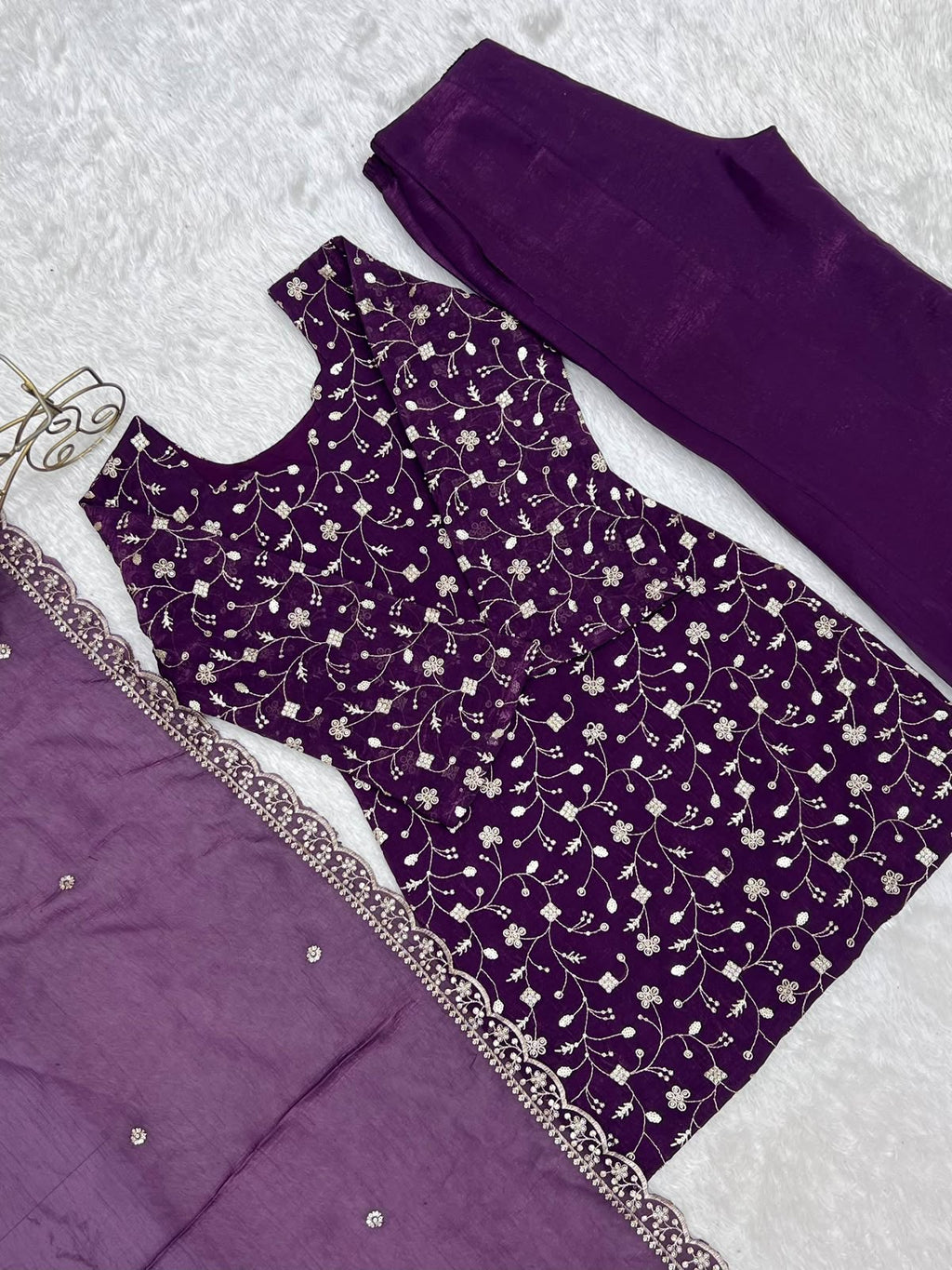 Crunchy Silk Fabric with Embroidery Sequence 3 Piece Suit (1051)