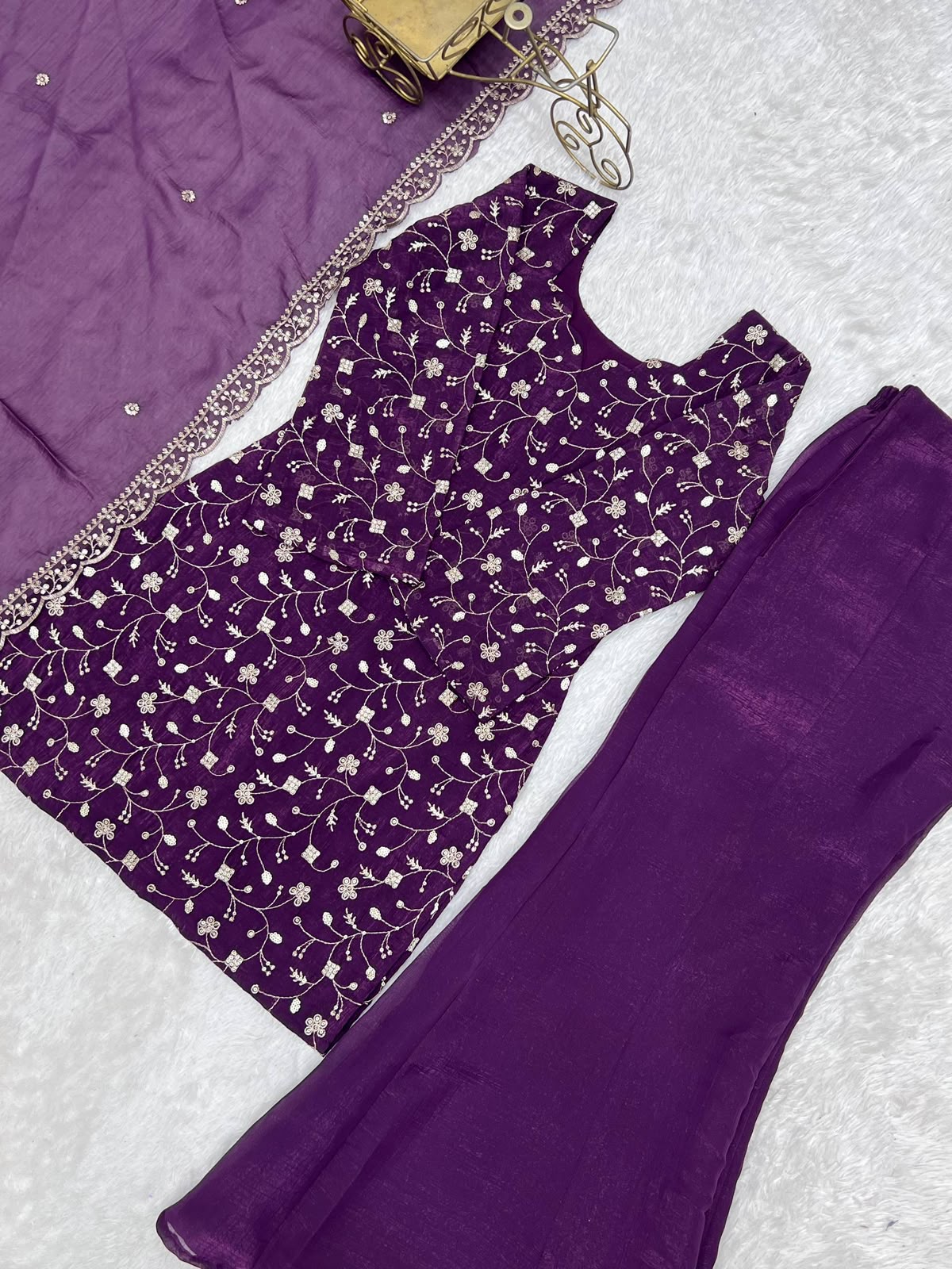 Crunchy Silk Fabric with Embroidery Sequence 3 Piece Suit (1051)