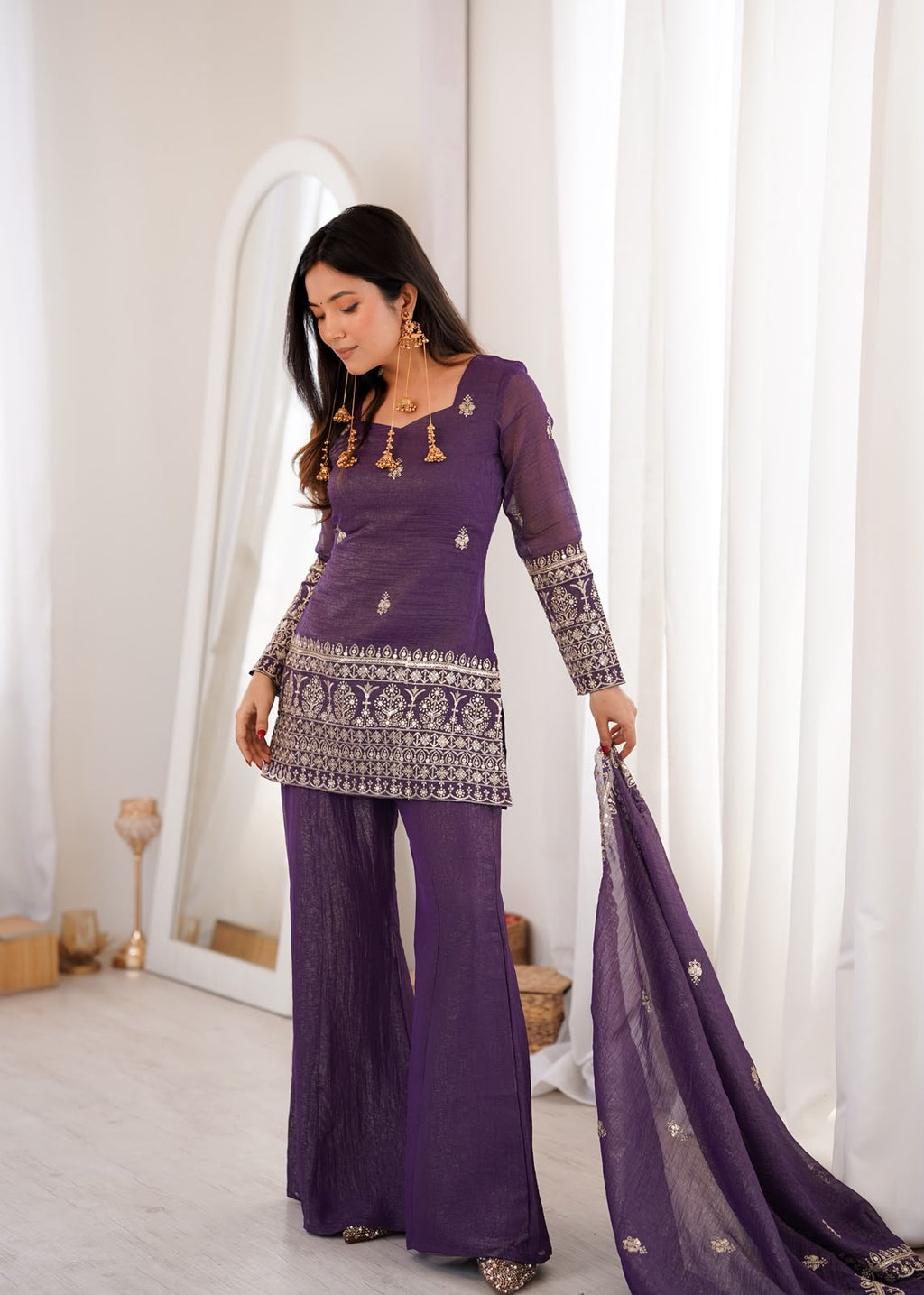Crunchy Silk Fabric with Embroidery Sequence Bell Bottom 3 Piece Suit (1052)
