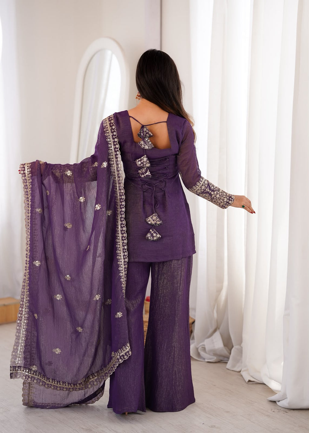 Crunchy Silk Fabric with Embroidery Sequence Bell Bottom 3 Piece Suit (1052)