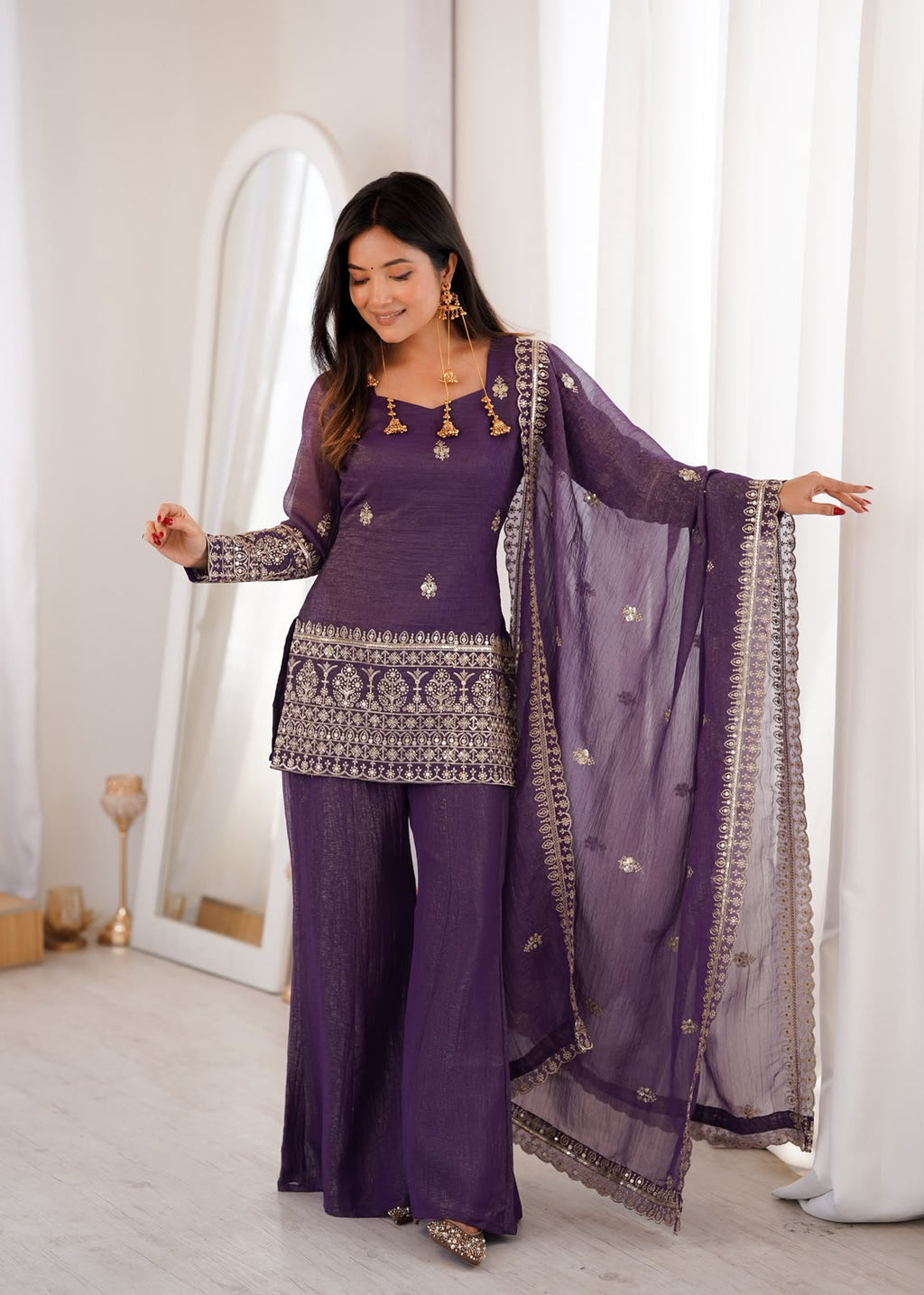 Crunchy Silk Fabric with Embroidery Sequence Bell Bottom 3 Piece Suit (1052)