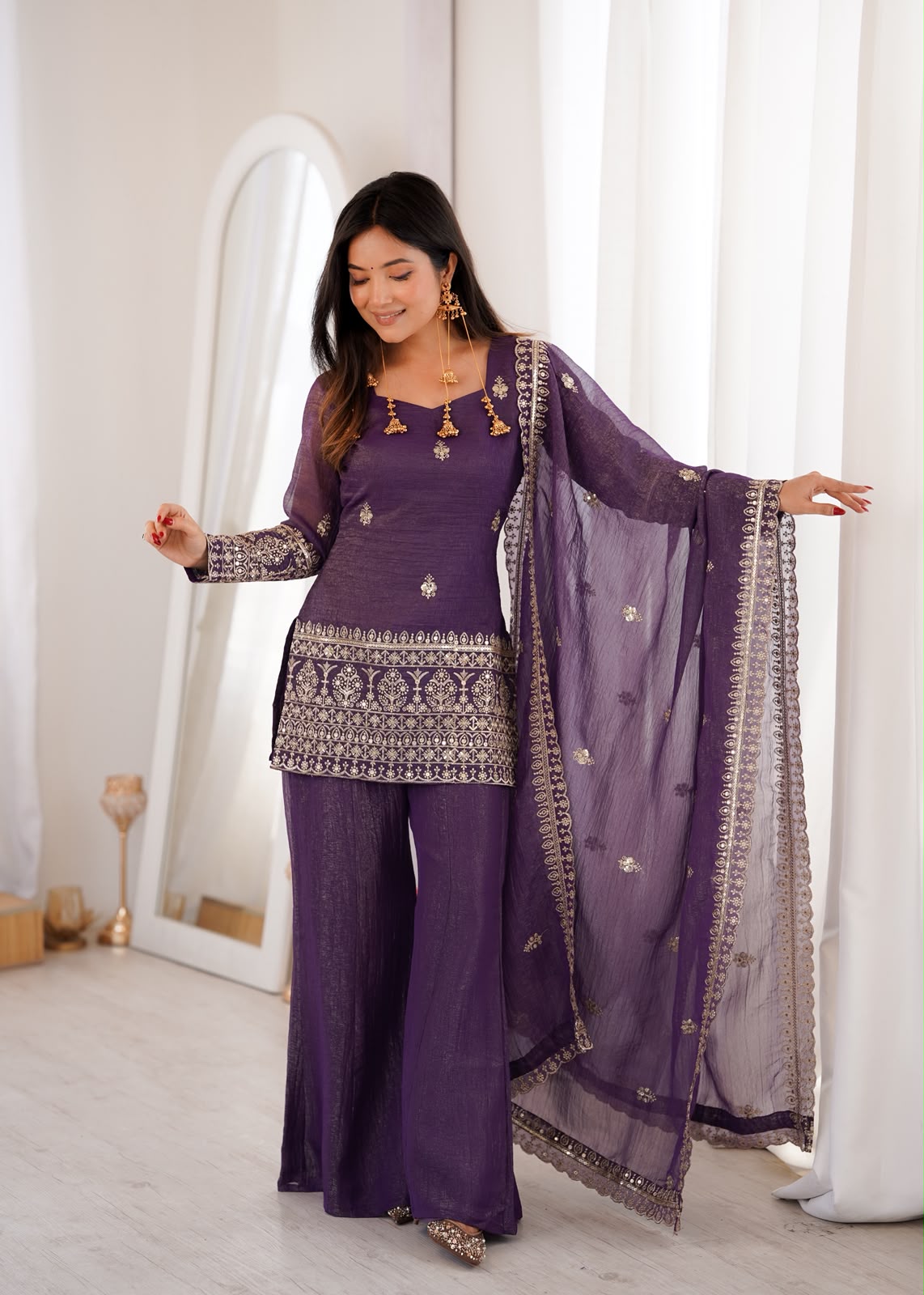 Crunchy Silk Fabric with Embroidery Sequence Bell Bottom 3 Piece Suit (1052)