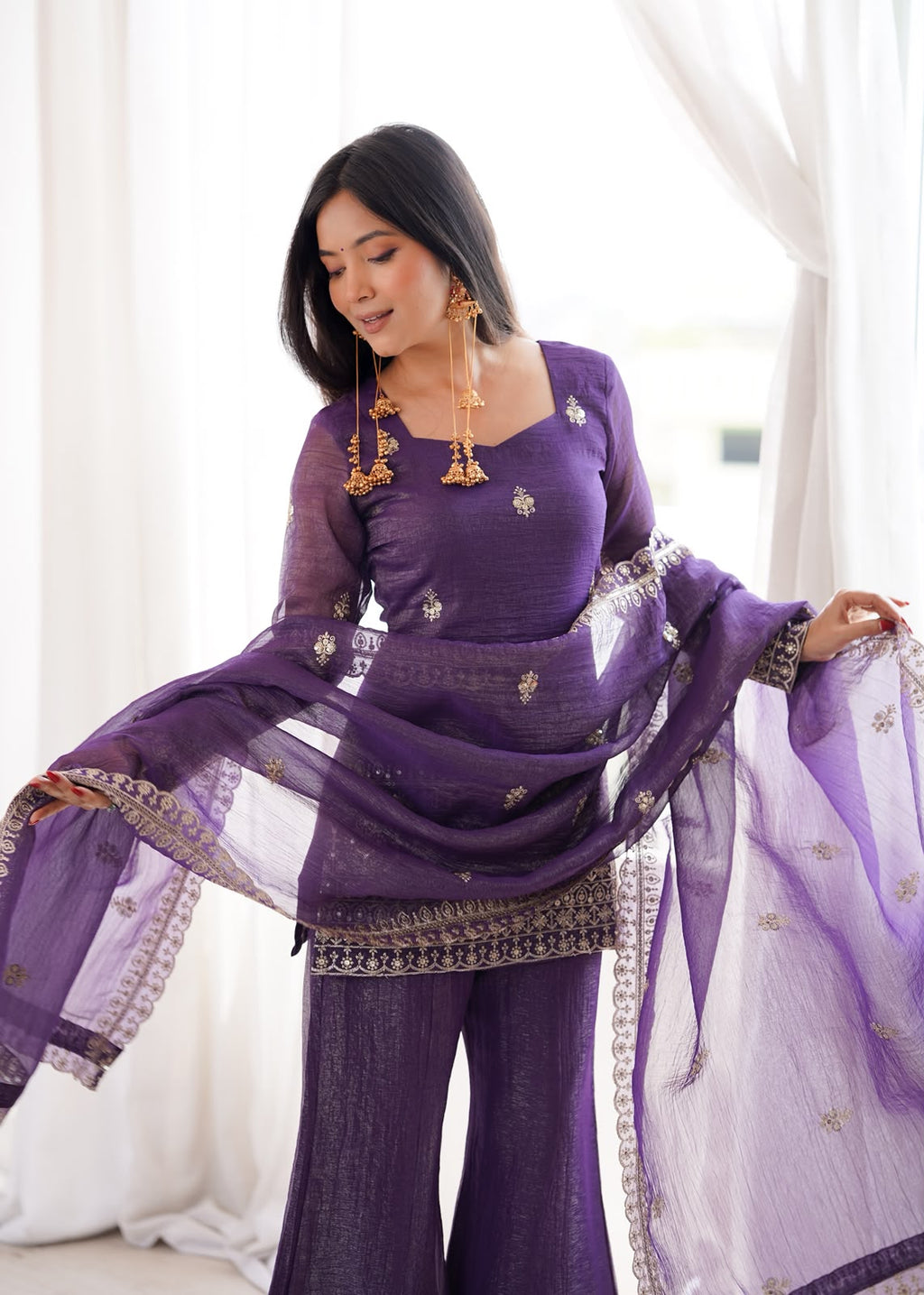 Crunchy Silk Fabric with Embroidery Sequence Bell Bottom 3 Piece Suit (1052)