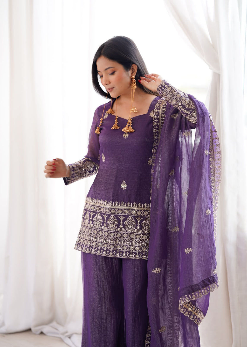 Crunchy Silk Fabric with Embroidery Sequence Bell Bottom 3 Piece Suit (1052)