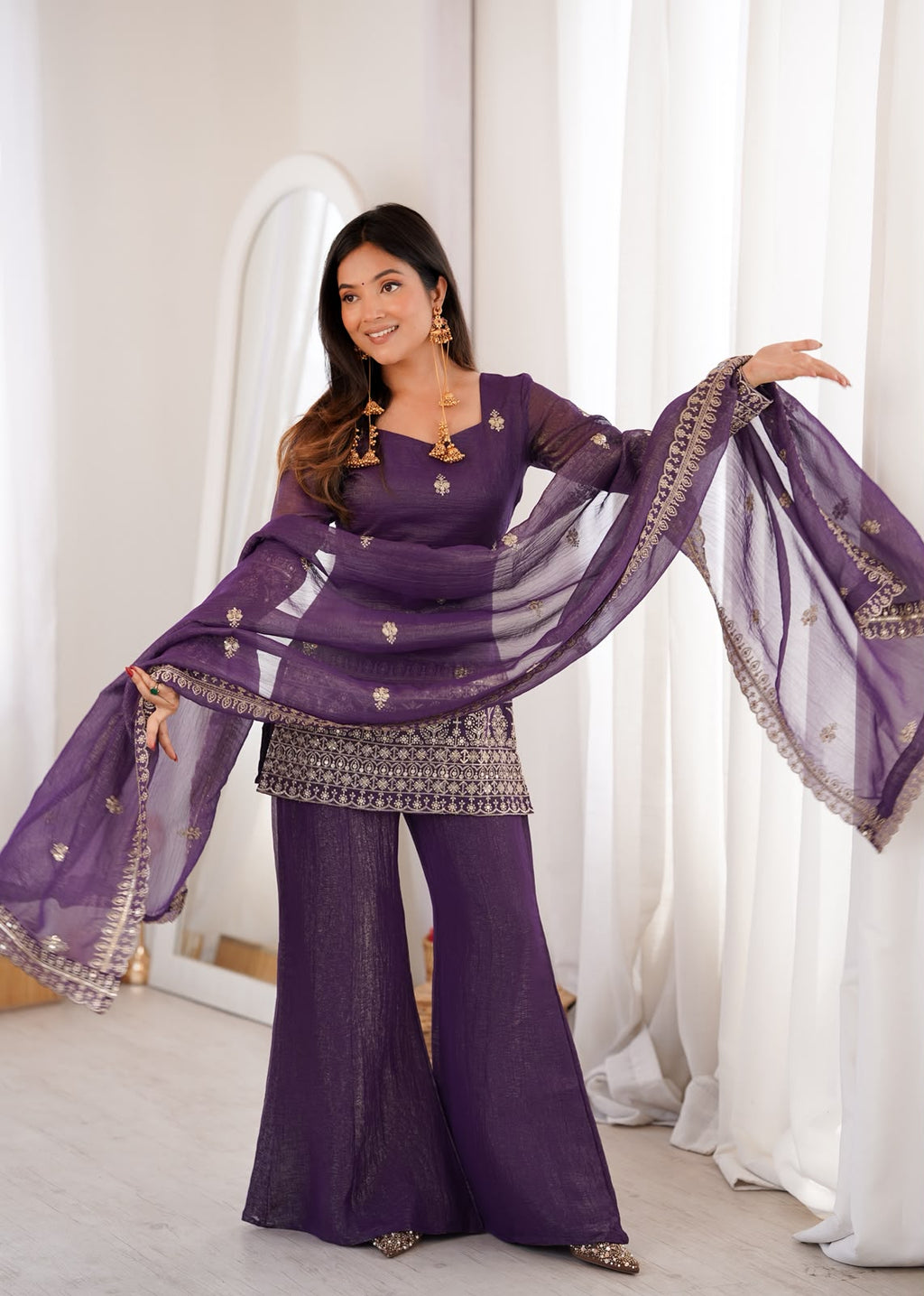 Crunchy Silk Fabric with Embroidery Sequence Bell Bottom 3 Piece Suit (1052)