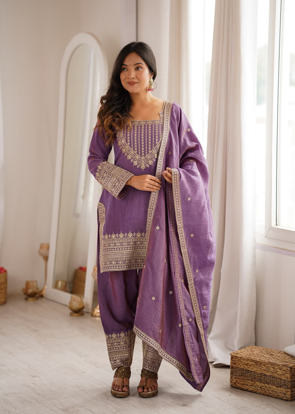 Silk Fabric with Embroidery Sequence Front Yoke 3 Piece Suit (1054)