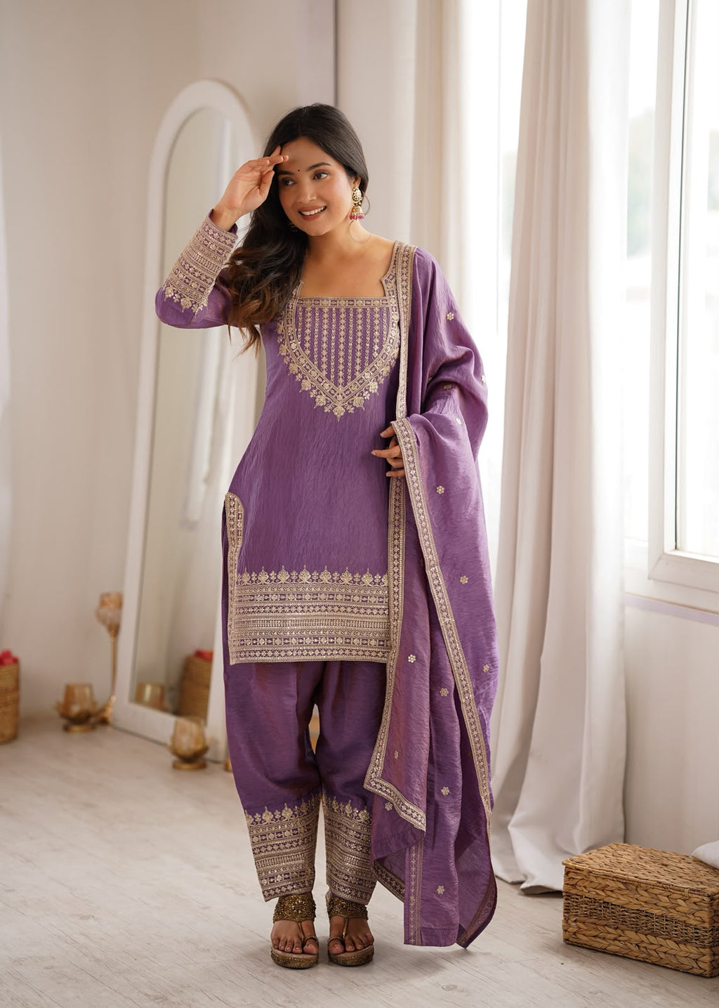 Silk Fabric with Embroidery Sequence Front Yoke 3 Piece Suit (1054)