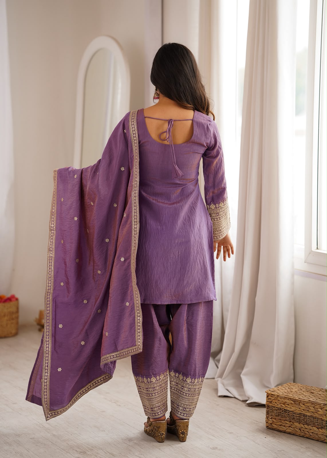Silk Fabric with Embroidery Sequence Front Yoke 3 Piece Suit (1054)