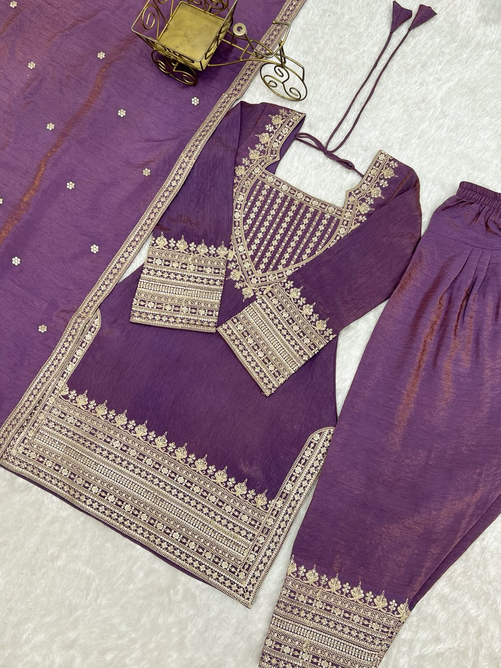Silk Fabric with Embroidery Sequence Front Yoke 3 Piece Suit (1054)