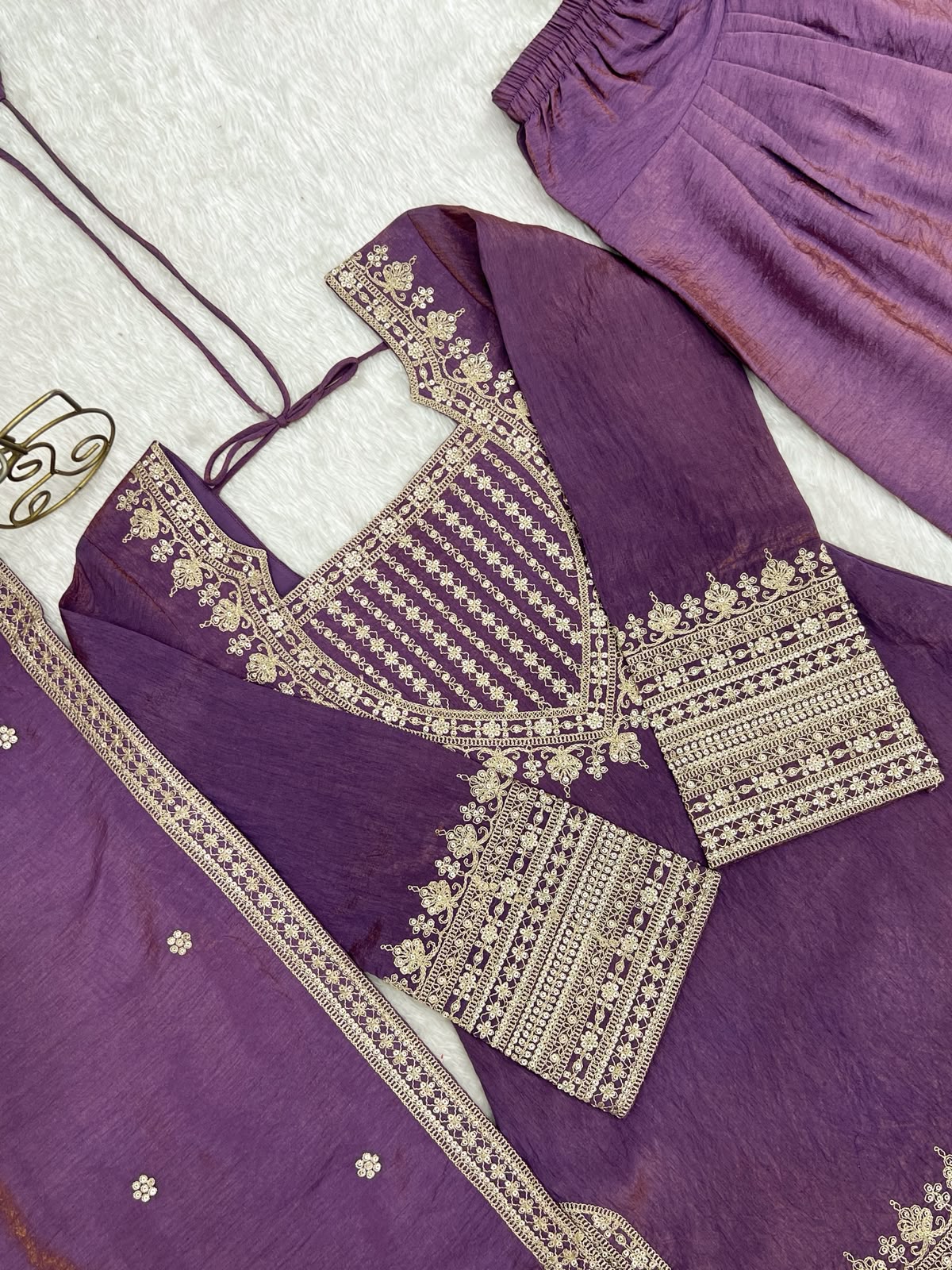 Silk Fabric with Embroidery Sequence Front Yoke 3 Piece Suit (1054)