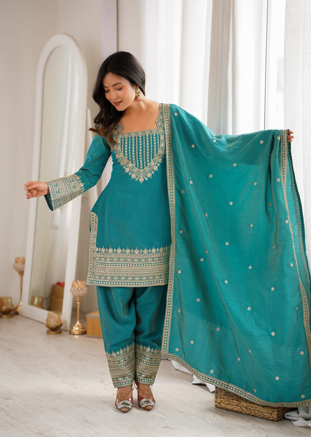 Silk Fabric with Embroidery Sequence Front Yoke 3 Piece Suit (1054)