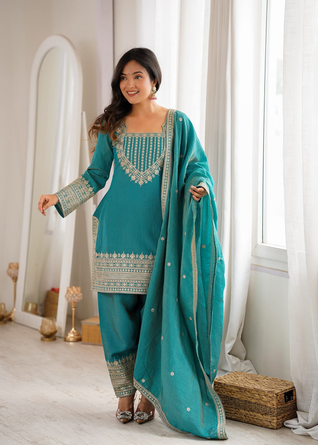 Silk Fabric with Embroidery Sequence Front Yoke 3 Piece Suit (1054)