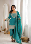 Silk Fabric with Embroidery Sequence Front Yoke 3 Piece Suit (1054)