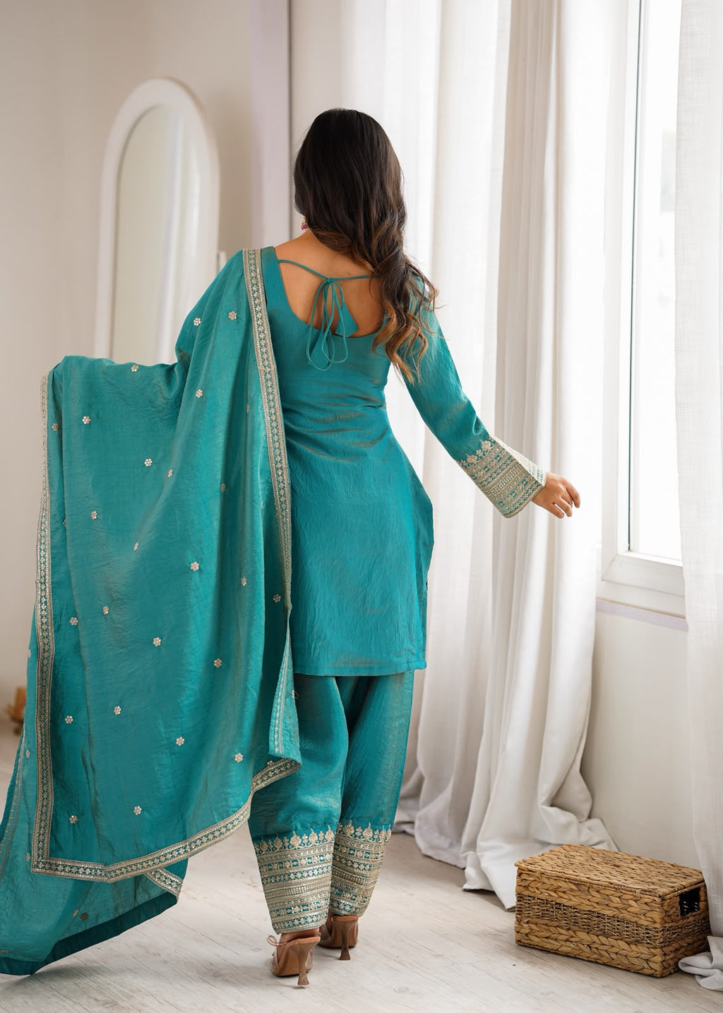 Silk Fabric with Embroidery Sequence Front Yoke 3 Piece Suit (1054)