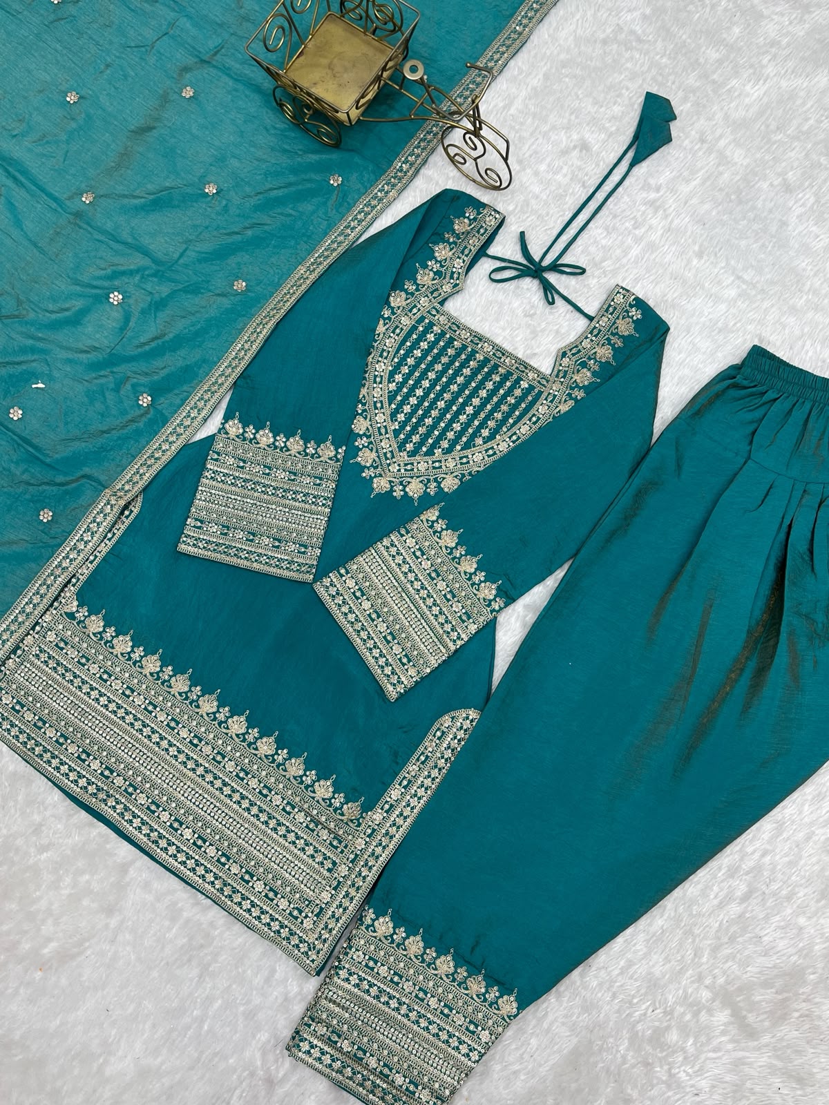 Silk Fabric with Embroidery Sequence Front Yoke 3 Piece Suit (1054)