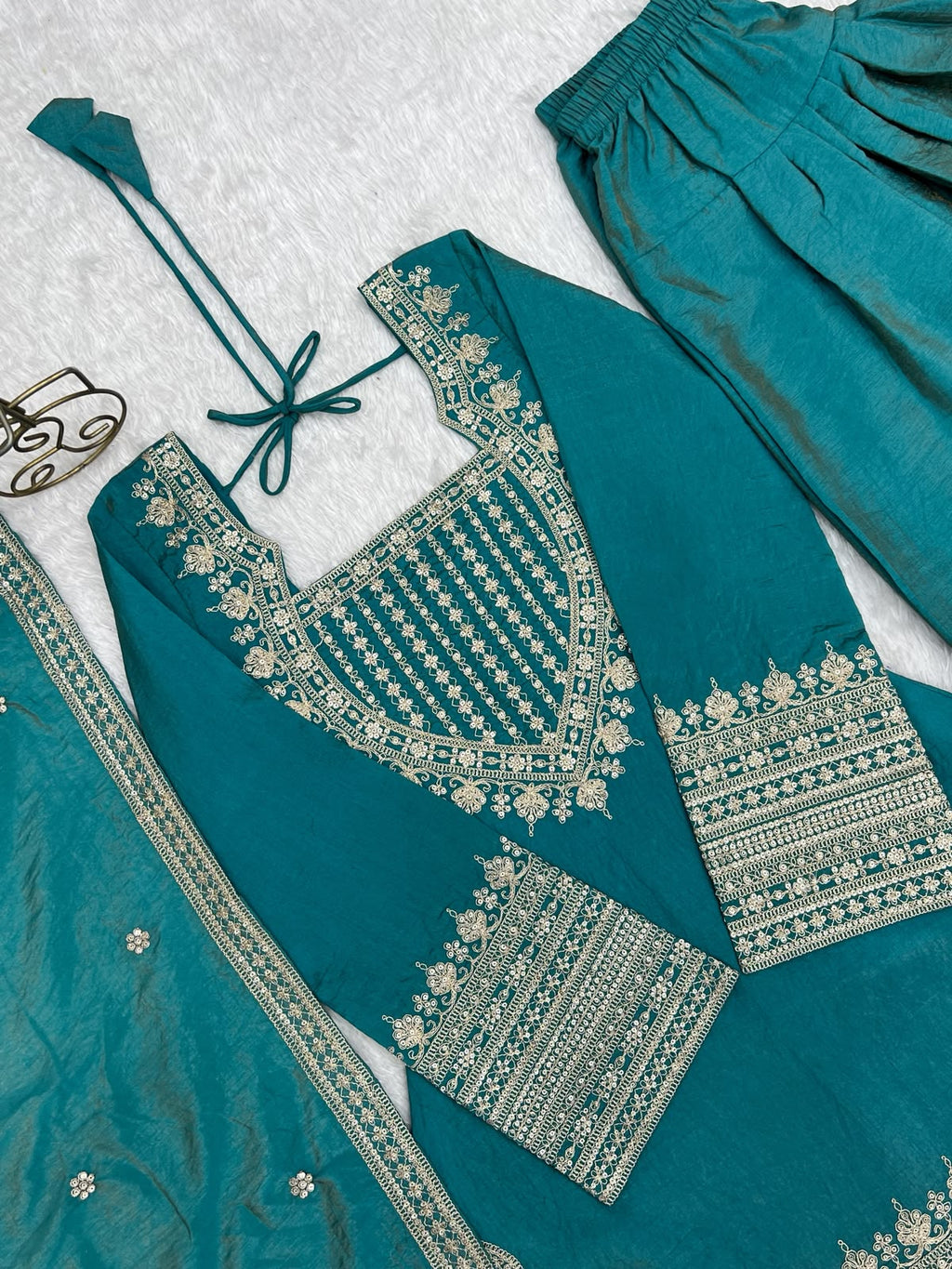 Silk Fabric with Embroidery Sequence Front Yoke 3 Piece Suit (1054)