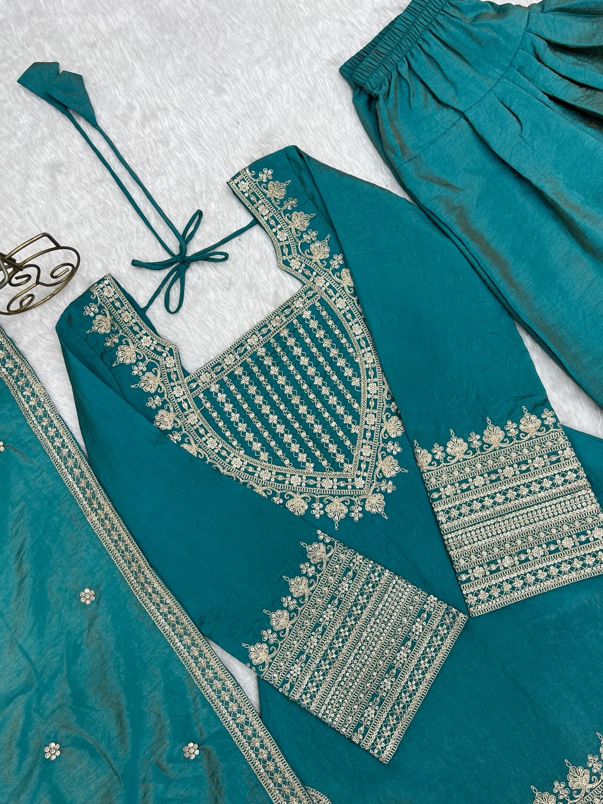 Silk Fabric with Embroidery Sequence Front Yoke 3 Piece Suit (1054)