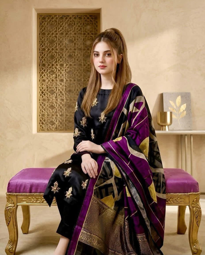 03-Piece Shamoze Silk Suit With Pearls &amp; Beads Handwork | Ready To Wear