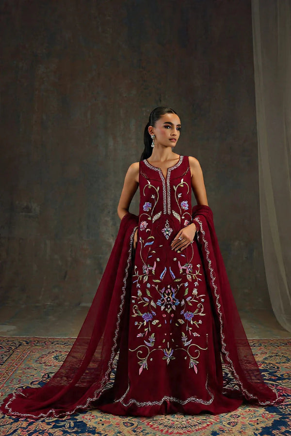 Shamoze Silk 3-Piece Suit with Embellished Neckline &amp; Lace Net Dupatta | Ready to Wear